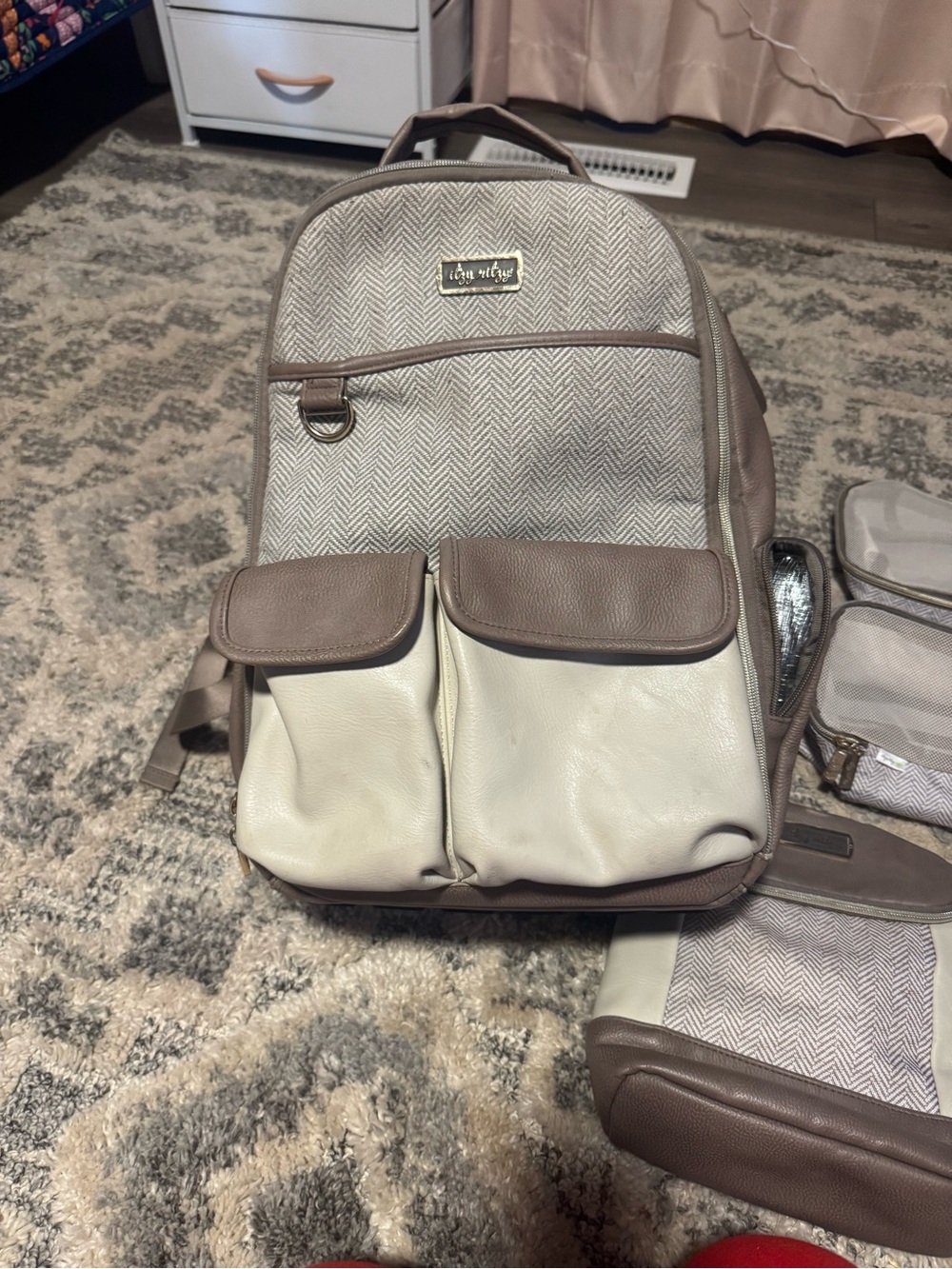 Itzy Ritzy Taupe Herringbone and Cream Backpack